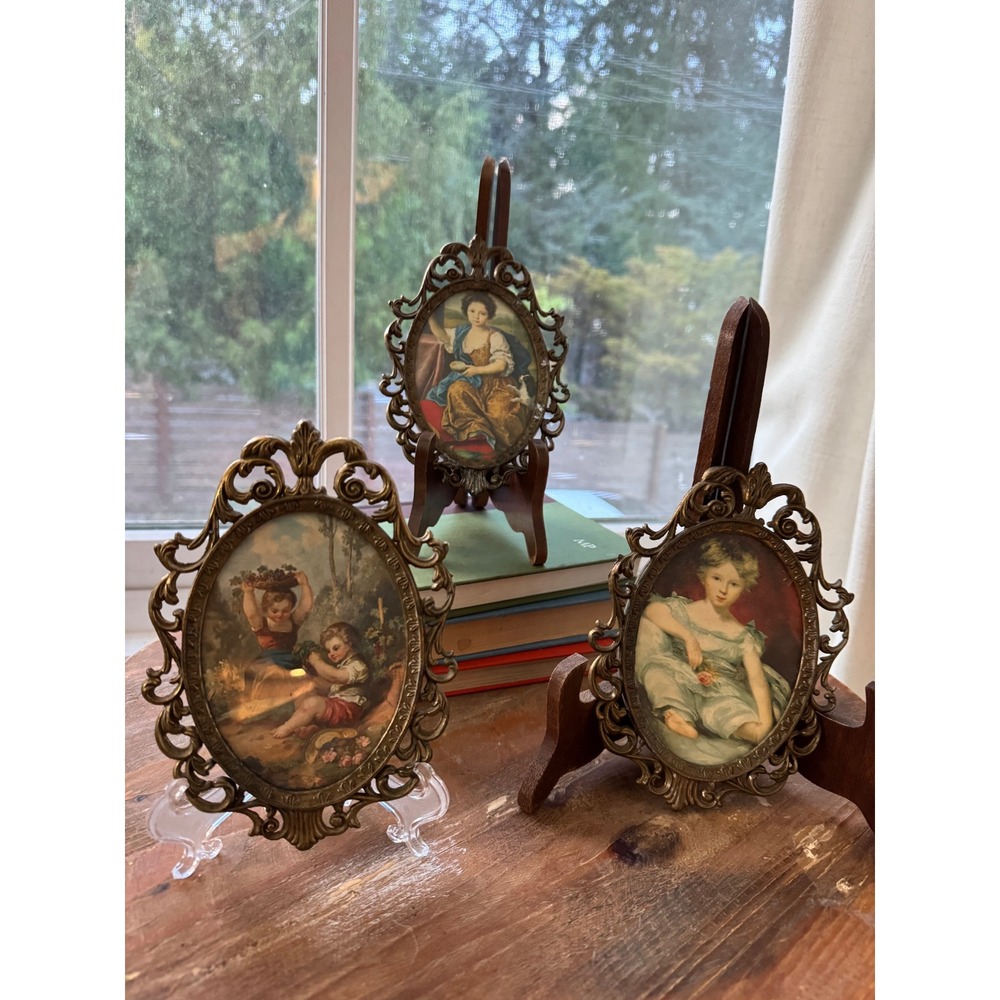Vintage Set of 3 Oval Portraits Ornate Gold Tone Metal Frames Made in italy